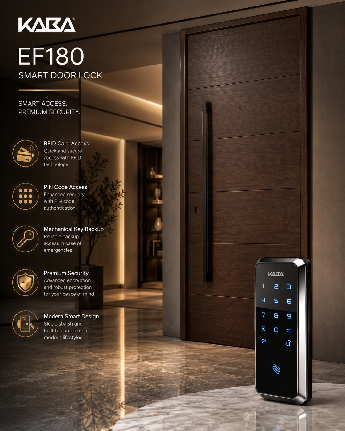 KABA Digital Rim Lock EF180 – Smart Keyless Door Lock with Touch Keypad
