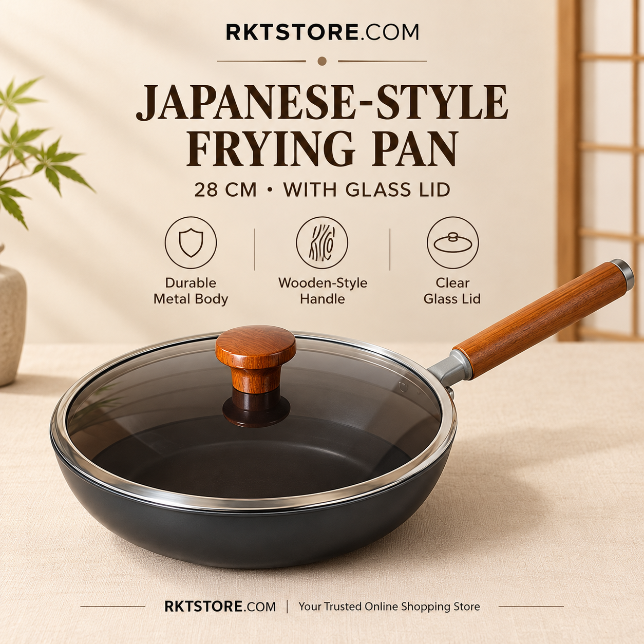 Japanese-Style 28cm Frying Pan with Glass Lid & Wooden-Style Handle Ideal for high-heat cooking and stir frying Suitable for all cooktops, including induction